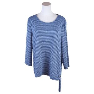 Cathy Daniels Striped Blue Knit Top XL 3/4 Sleeve Tie Hem Casual Stretch